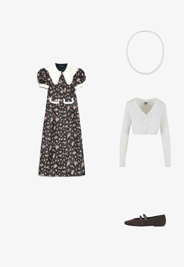 Cardigan court blanc en matière moelleuse avec un col en V, des manches longues et trois boutons à l'avant. Design simple et texturé.; Robe noire à motifs floraux avec manches ballon, col blanc, bordure en dentelle et boutons sur le devant. Comprend deux poches avant ornées de dentelle.; Chaussure plate en daim marron avec un bout pointu. Présente deux fines sangles avec des boucles en argent pour une touche de design. Talon bas et stable.; Collier de perles à un rang avec des perles blanches rondes et un petit fermoir argenté, présenté sur fond blanc.