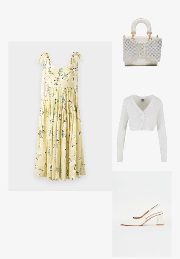 Hvid cropped cardigan lavet af fluffy materiale med v-hals, lange ærmer og tre frontknapper. Enkel og tekstureret design.; Gul midi kjole med hvidt og grønt blomsterprint, lagdelt nederdel og bundet skulderremme på en ensfarvet baggrund.; Hvide patentlæder slingback sko med spidse tæer og en geometrisk blokhæl. Indersiden har en tan indersål og minimale udskæringer på siden.; Lille hvid håndtaske med polstret håndtag og stor forreste sløjfe prydet med sølvperler og guldfarvede metaldetaljer.