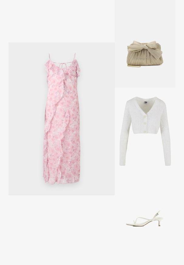 Cardigan court blanc en matière moelleuse avec un col en V, des manches longues et trois boutons à l'avant. Design simple et texturé.; Robe maxi florale rose pâle avec des bretelles spaghetti, accents volantés le long du décolleté et des côtés, tissu léger, design fluide.; Sandale blanche à brides fines, bout ouvert, talon fin, boucle d’orteil et bride de cheville réglable avec boucle argentée.; Loeffler Randall PLEATED FRAME WITH BOW - Pochette - platinum