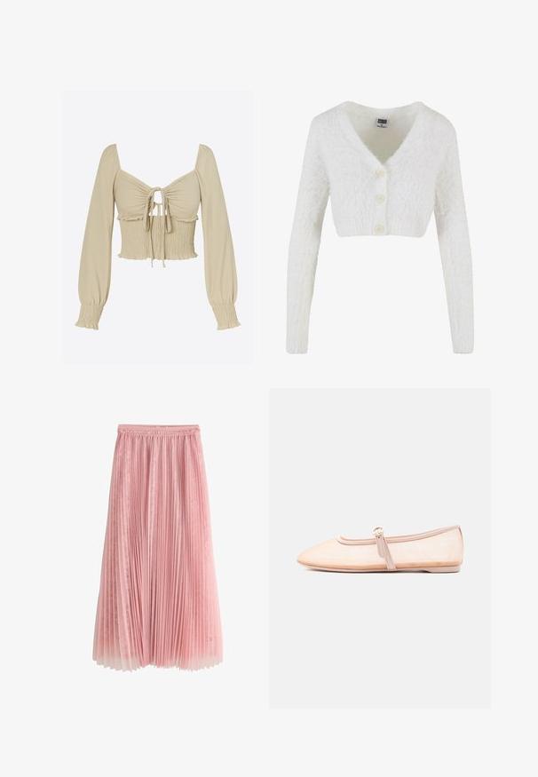 Hvid cropped cardigan lavet af fluffy materiale med v-hals, lange ærmer og tre frontknapper. Enkel og tekstureret design.; Lysebeige cropped top i glat stof; har lange, puffede ærmer, ét sammentrukket bryst med bindefront og smockdetalje ved taljen.; Rosa plisseret midi-nederdel med et lag af blonder under og en rynket talje, vist på en hvid baggrund.; Lys beige flad sko med spidst tåparti og en enkelt rem med spænde på siden, vist på en ensfarvet hvid baggrund.