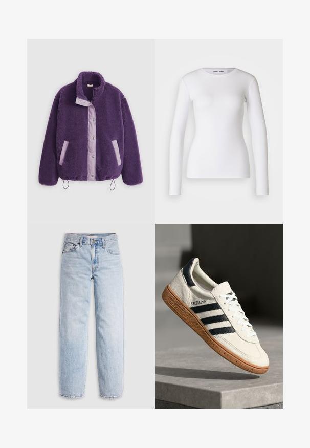 Paars fleecejack met een hoge kraag, drukknoopsluitingen, contrasterende lila zakken en een trekkoord aan de zoom voor een verstelbare pasvorm.; Witte longsleeve shirt van ribstof, met een ronde halslijn en een getailleerde vorm. Er zijn geen patronen of accenten aanwezig.; Lichtblauwe spijkerbroek met hoge taille, losvallende pasvorm, rechte pijpen en een klassiek ontwerp met vijf zakken. Zichtbare vervaging en stikseldetails.; Witte suède sneakers met marineblauwe strepen, rubberen gumzool, gestructureerde bovenkant, ronde neus en veters; heeft branding aan de zijkant en op de tong.