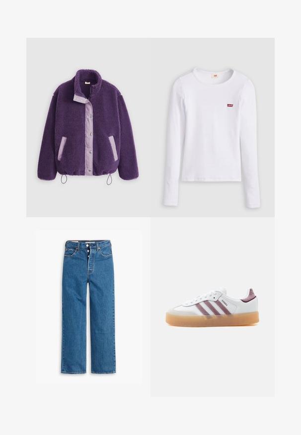 Lilla fleecejakke med høj krave, trykknapper, kontrasterende lavendelfarvede lommer og snøre i kanten for justerbar pasform.; Hvid Levi's langærmet skjorte med rund halsudskæring og lille rødt Levi's-logo på venstre bryst, vist på en ensfarvet baggrund.; Blå denim lige ben jeans med høj talje, fem lomme design og knaplukning. Markante syninger og kobberfarvede nitter.; Hvid lavsko med brun gummisål, lilla ruskindsstriber og hælaccents, mærket "SAMBA" på sidepanelet.