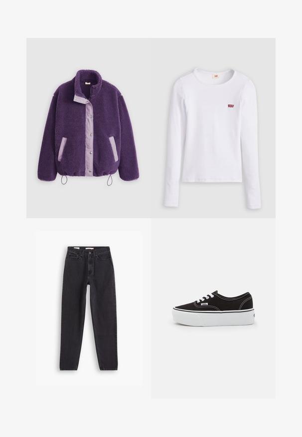 Paars fleecejack met een hoge kraag, drukknoopsluitingen, contrasterende lila zakken en een trekkoord aan de zoom voor een verstelbare pasvorm.; Wit Levi's shirt met lange mouwen, ronde hals en klein rood Levi's-logo op de linkerborst, afgebeeld op een effen achtergrond.; Zwarte denim jeans met een straight-leg ontwerp, voorzien van vijf zakken, sluiting met een knoop aan de voorkant en gestikte details langs de naden.; Zwarte canvas sneaker met een witte rubberen platformzool, voorzien van witte veters en stiksels, iconische branding op de zijkant, low-top ontwerp.