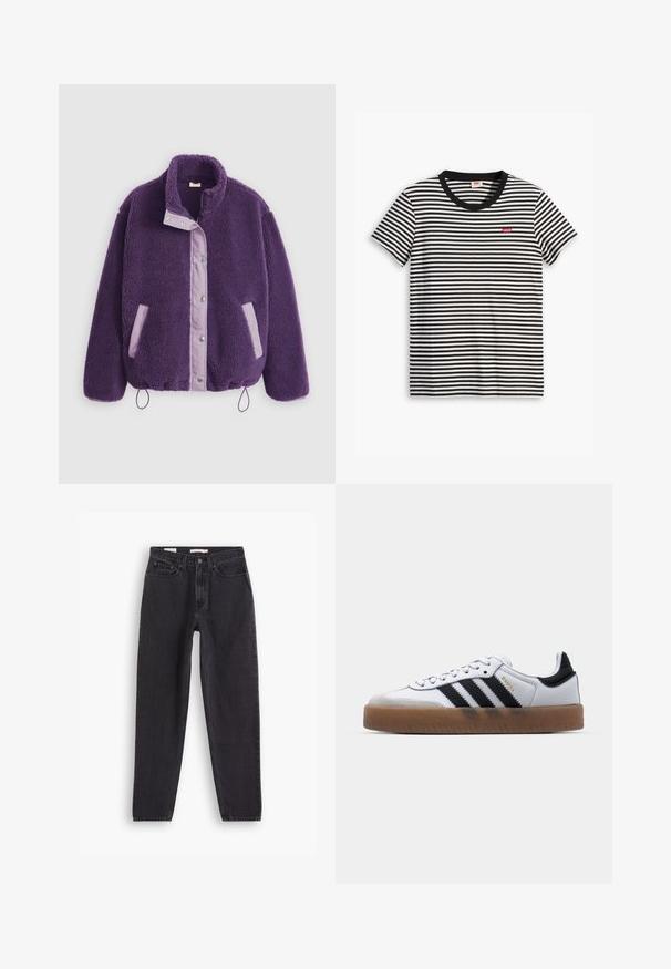 Veste en polaire violette avec un col montant, des fermetures à pression, des poches lilas contrastantes et un cordon de serrage à l'ourlet pour un ajustement personnalisé.; T-shirt à rayures noires et blanches en coton. Il présente un col rond et un petit logo rouge Levi's sur la poitrine. Manches courtes.; Jean en denim noir avec une coupe droite, comportant cinq poches, une fermeture à bouton à l'avant et des détails brodés le long des coutures.; Baskets en cuir blanc avec des rayures noires, semelle extérieure en caoutchouc beige, bout rond, fermeture lacée et embout en suède gris doux.