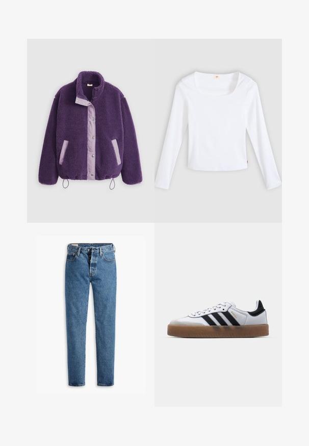 Lilla fleecejakke med høj krave, trykknapper, kontrasterende lavendelfarvede lommer og snøre i kanten for justerbar pasform.; Hvid langærmet t-shirt lavet af ribstrikket stof, med firkantet halsudskæring og tætsiddende design, med en lille logotag i siden.; Lysblå denimjeans med lige pasform, fem lommer og standard knaplukning. Har orange søm og en let falmet tekstur.; Hvide lædersneakers med sorte striber, gummirubber sål, rund tå, snørelukning og blød grå ruskinds tåhætte.