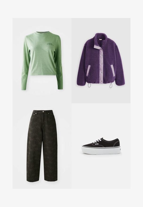 Lilla fleecejakke med høj krave, trykknapper, kontrasterende lavendelfarvede lommer og snøre i kanten for justerbar pasform.; Lys grøn langærmet t-shirt lavet af blødt bomuld, med en rund halsudskæring og et lille trykt logo på øverste venstre side.; Mørkegrønne vide bukser har et tekstureret blomsterdesign, fem lommer og metalknaplukninger i taljen.; Sort lærred sneakers med en hvid gummi platform sål, der har hvide snørebånd og syninger, ikonisk branding på siden, lav-top design.