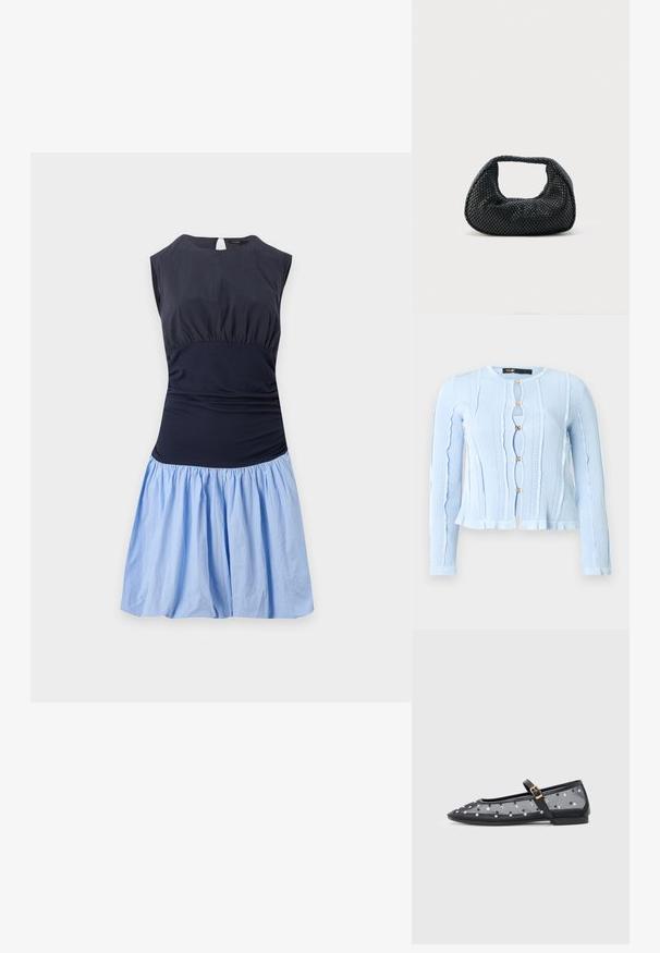 Cardigan en tricot bleu clair à manches longues avec des bords ondulés, des motifs texturés verticaux et cinq boutons décoratifs dorés sur le devant.; Robe sans manches avec un haut bleu marine foncé ajusté et une jupe bleue claire froncée, dotée d'un col rond et d'une fermeture en forme de trou de serrure dans le dos.; Ballerines transparentes noires avec un bout pointu, une semelle plate et une bride à boucle, ornées de pois métalliques.; Sac hobo tissé noir avec une structure souple et une poignée intégrée, présenté sur un fond clair uni.