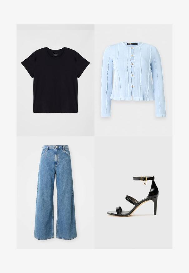 Cardigan en tricot bleu clair à manches longues avec des bords ondulés, des motifs texturés verticaux et cinq boutons décoratifs dorés sur le devant.; T-shirt noir à manches courtes en coton doux. Design classique à col rond avec une surface simple et sans embellissement et une coupe décontractée.; Jean en denim léger bleu clair à taille haute, avec fermeture à boutons et à glissière à l'avant, et poches avant sur fond blanc.; Sandale en cuir verni noir avec trois brides, boucle de cheville et talon aiguille de 10 cm. Présente un détail en métal doré et un charm logo.