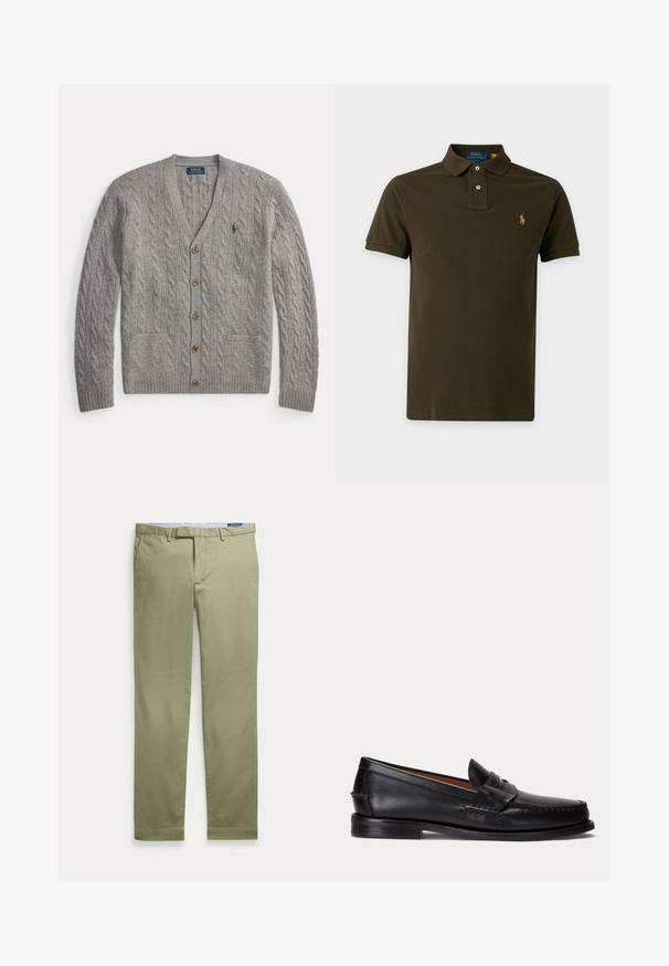 Gilet gris en maille torsadée avec boutons en bois, deux poches avant et un petit logo brodé sur la poitrine gauche.; Polo vert foncé à manches courtes avec patte à deux boutons et petit logo brodé sur la poitrine gauche.; Chino beige pour homme, coupe droite, avec passants de ceinture et poches avant, présenté à plat sur fond blanc.; Mocassin en cuir noir avec un petit talon et une bride penny, vu de côté sur un fond gris clair.