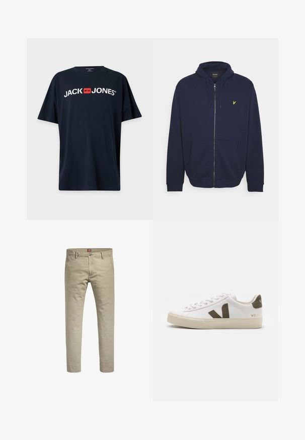 Marineblå zip-up hoodie lavet af blødt stof, med en kængurulomme og et lille gult emblem på venstre bryst.; Sort T-shirt med korte ærmer med hvid "JACK JONES" tekst og et rødt firkantet logo centreret på brystet.; Beige chinos med lige ben-design, lavet af bomuld. Har en knaplukning og to sidelommer, med en subtil tekstur.; Hvide læder sneakers med en lys beige gummisål. Har en brun ruskinds V-logo og hælflap. Snørret lukning med en struktureret overflade.