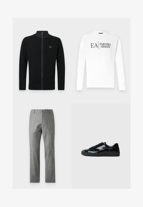 Suéter negro con cremallera, cuello alto, puños y dobladillo acanalados, con una textura sutil y un pequeño parche con logo en el lado izquierdo del pecho.; Camiseta blanca de manga larga con cuello redondo y logo negro "EA | Emporio Armani" centrado en el pecho, mostrada contra un fondo liso.; Pantalones grises texturizados con un diseño de pierna recta, que presentan un cierre frontal con botón y cremallera. Detalle sutil de patrón de espiga.; Zapatillas de charol negro con punta redonda, diseño con cordones, suela de goma texturizada y acabado suave.