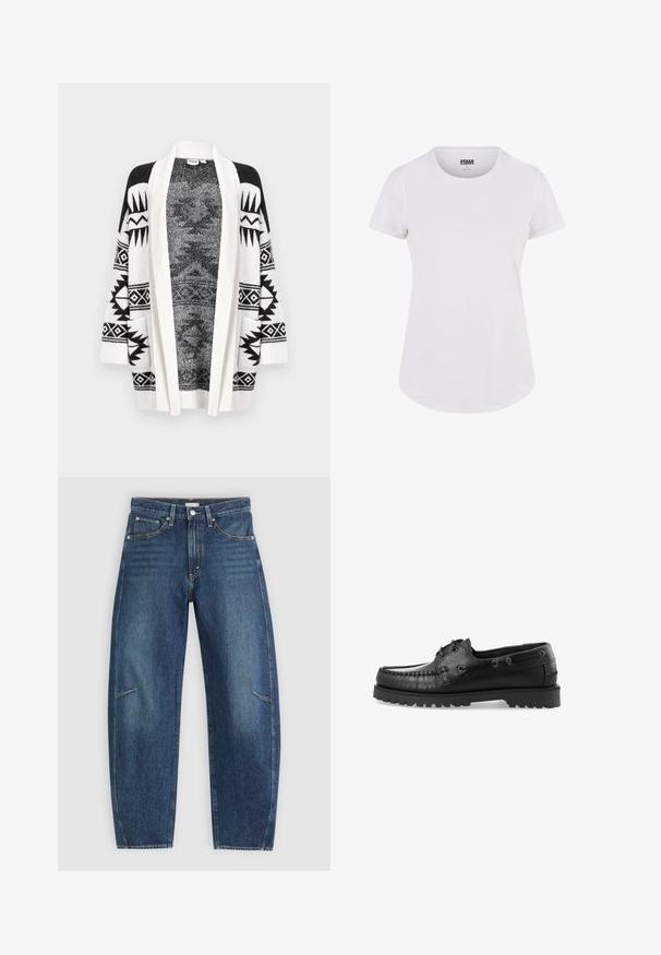Abrigo de punto en blanco y negro con mangas largas, abertura frontal, patrones geométricos, tejido texturizado y dos bolsillos laterales.; Camiseta blanca de manga corta con cuello redondo, hecha de una tela suave. Presenta un dobladillo ligeramente curvado y un diseño minimalista.; Jeans de mezclilla azul oscuro con un diseño de pierna recta, que cuentan con bolsillos frontales, costuras en contraste y una sutil textura desgastada en las piernas.; Zapato de barco de cuero negro con un diseño de mocasín, puntera redondeada, costuras decorativas y una suela de goma texturizada con tacos.