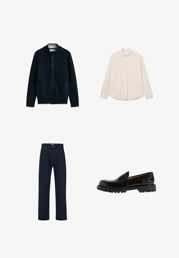 Marineblauer, gerippter Cardigan mit hohem Kragen, Knopfleiste, zwei Fronttaschen und weißer Einfassung an Kragen und Bündchen.; Cremfarbener Langarm-Hemd mit Knopfleiste, aus strukturiertem Stoff, spitzem Kragen und abgerundetem Saum. Verfügt über ein dezentes Logo auf der Brust.; Dunkelblaue Jeans mit geradem Bein, vorderem Knopf- und Reißverschluss, Gürtelschlaufen und Vordertaschen.; Schwarze Lederloafers mit einer bequemen Silhouette, strukturierten Details im Obermaterial und einer robusten schwarzen Gummisohle.
