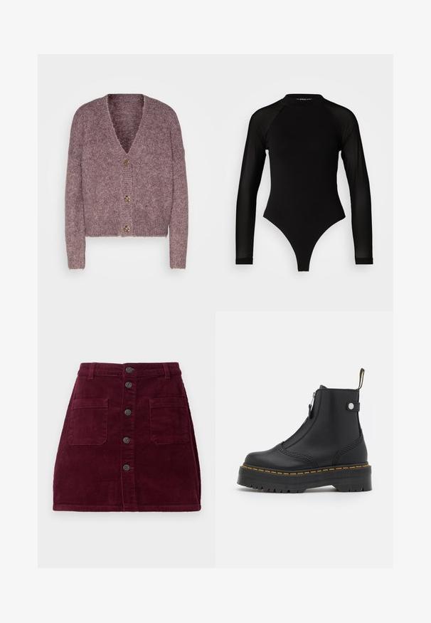 ONLY ONYZOEY CARDIGAN - Strickjacke - port royale melange; Schwarzer Langarm-Body mit hohem Kragen, bestehend aus festem Stoff im Torso und transparenten Netzärmel, entworfen in einer körperbetonten Form.; Burgunderrote Cord-Rock mit hoher Taille, fünf vorderen Knöpfen und zwei vorderen Taschen; strukturierter Stoff mit vertikalen Rippungen.; Schwarze Knöchelboots aus glattem Leder, ausgestattet mit einem seitlichen Reißverschluss, gelben Nähten und einer dicken, geriffelten Gummisohle.