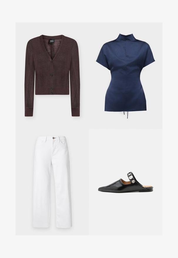 Cardigan court marron foncé à manches longues, col en V, avec quatre boutons noirs sur le devant, étiquette BOSS à l'intérieur du col.; Blouse bleu marine à manches courtes, col montant et taille cintrée, présentée sur fond blanc.; Jean blanc, coupe droite, en denim, avec bouton et fermeture éclair à l'avant, design à cinq poches, et texture lisse et mate.; Mule en cuir noir pointue avec un petit talon et des boutons floraux argentés décoratifs sur une bride supérieure.