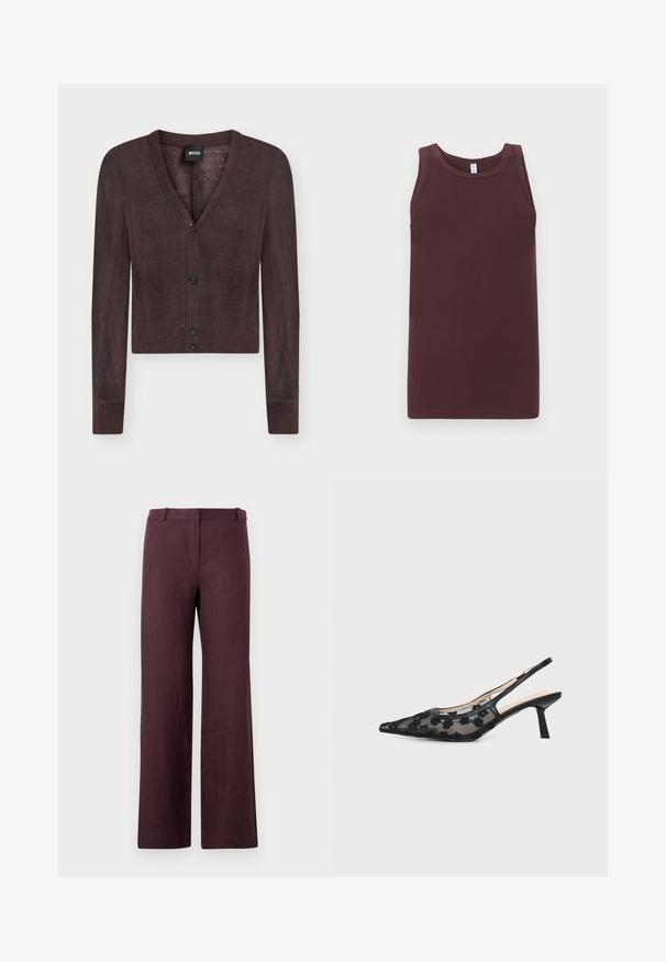Cardigan court marron foncé à manches longues, col en V, avec quatre boutons noirs sur le devant, étiquette BOSS à l'intérieur du col.; Débardeur côtelé sans manches de couleur brun foncé avec un col rond, posé à plat sur un fond gris clair.; Pantalon droit marron foncé avec une ceinture et une fermeture avant cachée, présenté sur un fond clair uni.; Chaussure slingback noire à talon kitten, bout pointu et motif en mesh floral sur le dessus.