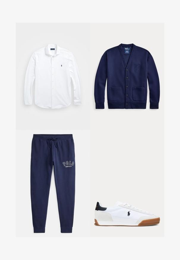 Donkerblauwe cardigan met knopen aan de voorkant, twee zakken en een geborduurd wapen op de linkerborst, gelabeld Polo by Ralph Lauren.; Witte lange mouwen knoopshirt van katoen. Heeft een klassieke kraag, normale pasvorm en een klein marineblauw logo op de borst.; Marineblauwe katoenen joggers met elastische tailleband en verstelbare trekkoord. Voorzien van een geborduurd "POLO"-logo in het wit op de linkerdij.; Witte lage sneaker met bruine zool, zwarte hielpatch en zwart polo speler logo aan de zijkant.