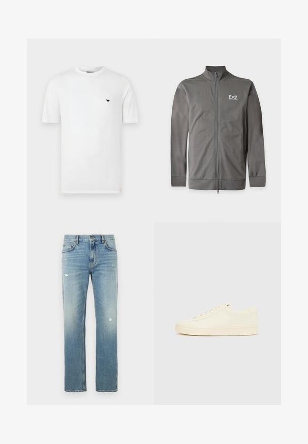 Veste zippée grise EA7 Emporio Armani à manches longues et col montant, présentée sur un fond uni.; T-shirt en coton blanc avec col rond et manches courtes. Présente un petit logo noir sur le côté gauche de la poitrine. Texture lisse, coupe décontractée.; Jean en denim bleu clair avec une coupe droite, présentant des zones délavées et de petites déchirures. Design classique à cinq poches et passants pour ceinture.; Baskets couleur crème avec une tige en cuir lisse, bout arrondi, laçage à l'avant et semelle en caoutchouc texturée. Design minimaliste, sans logo.