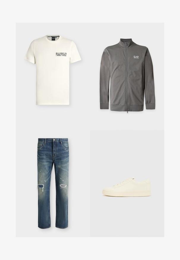 Γκρι ζακέτα EA7 Emporio Armani με φερμουάρ, μακριά μανίκια και όρθιο γιακά, παρουσιασμένη σε απλό φόντο.; Λευκό μπλουζάκι με κοντά μανίκια και στρογγυλή λαιμόκοψη με μικρό λογότυπο κειμένου «Barbour» σε σχεδιασμένη γραμματοσειρά στο αριστερό μέρος του στήθους.; Μπλε τζιν παντελόνι με ξεβαμμένες περιοχές και φθαρμένες τρύπες και στα δύο πόδια, με κλασικό σχέδιο πέντε τσεπών και κλείσιμο με κουμπιά μπροστά.; Αθλητικό παπούτσι εκρού με λείο δερμάτινο πάνω μέρος, στρογγυλεμένη μύτη, κορδόνια στο μπροστινό μέρος και υφασμένο λαστιχένιο πέλμα. Μινιμαλιστικός σχεδιασμός, χωρίς λογότυπα.