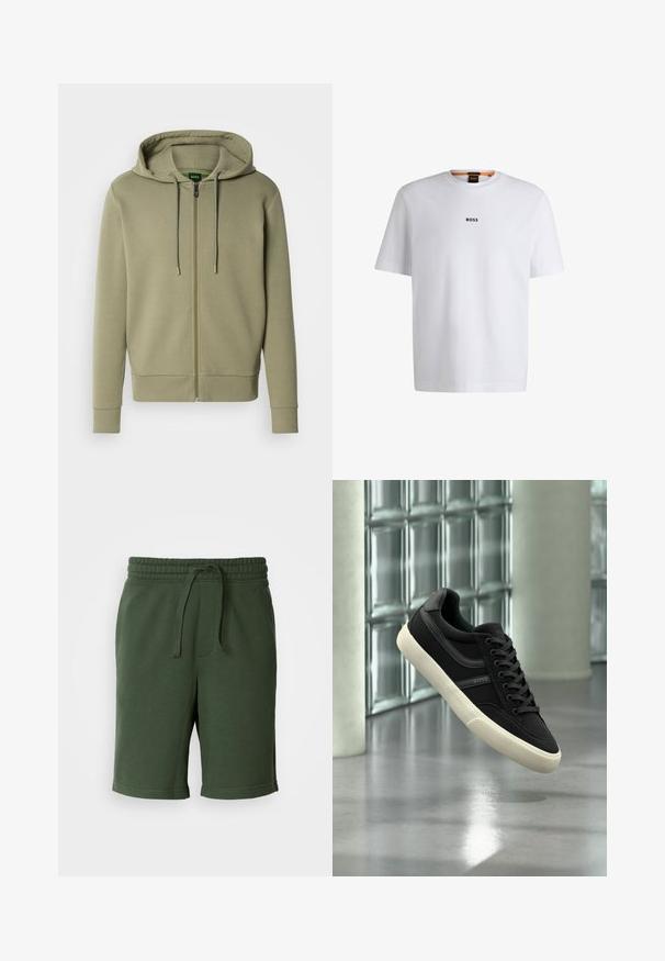 Sweat à capuche zippé vert olive en tissu doux. Comprend une capuche avec cordon, des poignets côtelés et un petit logo sur la poitrine.; T-shirt en coton blanc à manches courtes, avec un logo noir "BOSS" centré sur la poitrine et un design à col rond.; Shorts vert foncé avec une taille élastique, détail de cordon de serrage, poches et un tissu doux en mélange de coton. Longueur mi-cuisse.; Baskets basses noires avec semelle et lacets blancs, de la marque "BOSS", flottant à l'intérieur près de fenêtres en blocs de verre et de piliers en béton.