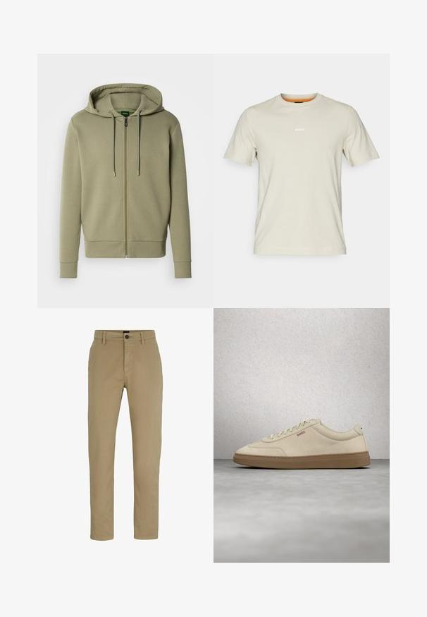 Olijfgroene hoodie met rits, gemaakt van zachte stof. Voorzien van een capuchon met trekkoord, geribbelde boorden en een klein logo op de borst.; Beige katoenen t-shirt met korte mouwen, ronde halslijn en witte "BOSS" logo op de borst. Gladde textuur, casual pasvorm.; Beige katoenen chinos met een slim fit, platte voorkant en een knoopsluiting. Voorzien van ceintuurlussen en zijzakken voor functionaliteit.; Lichtbeige suède sneaker met een zool van gumrubber, opvallende veters en subtiele stikdetails. Strak ontwerp met een minimalistische uitstraling.