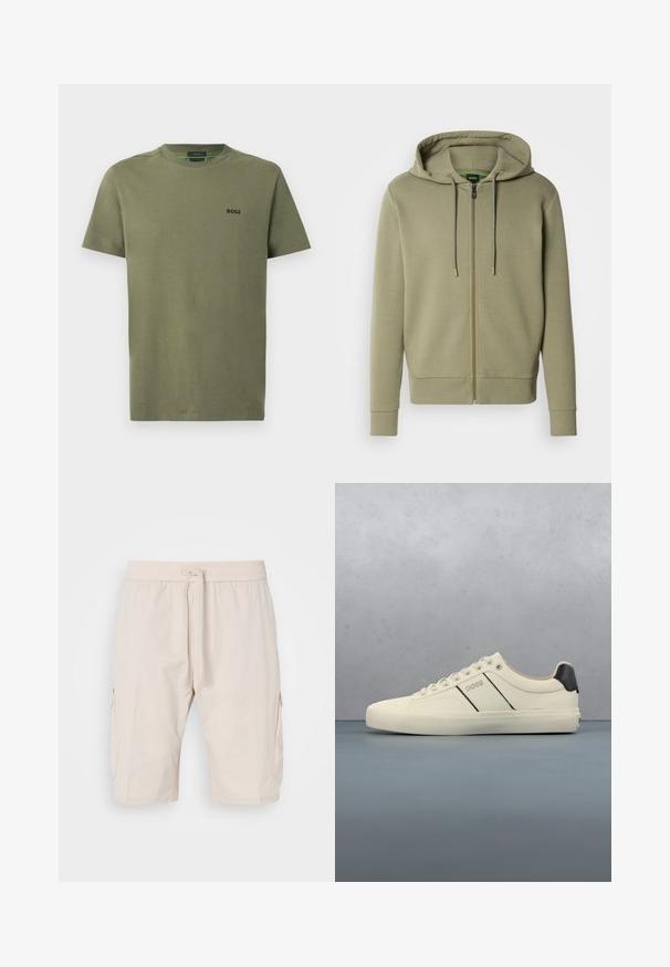 Sweat à capuche zippé vert olive en tissu doux. Comprend une capuche avec cordon, des poignets côtelés et un petit logo sur la poitrine.; T-shirt en coton vert olive à manches courtes, col rond, avec un petit logo noir "BOSS" sur la poitrine gauche. Texture lisse, design simple.; Shorts cargo beiges avec une taille élastique et un cordon de serrage, dotés de deux poches latérales et d'un tissu lisse et léger.; Baskets de couleur crème avec une texture lisse, dotées d'accents et de marquage noirs. Design classique à lacets avec un bout rond et une semelle en caoutchouc.