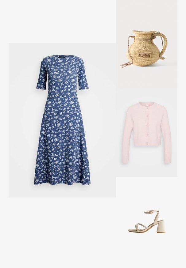 Cárdigan rosa claro hecho de una tela suave, con un escote redondo, mangas raglán largas y puños y dobladillo acanalados, con cinco botones.; Vestido floral azul con mangas cortas, escote redondo y cintura acampanada. Hecho de una tela suave con un patrón floral blanco en todo el vestido.; Sandaña de tacón beige con dos tiras cruzadas y hebilla en el tobillo. Tacón cuadrado y textura suave con un acabado semimate.; Bolso redondo de paja tejido con asa de cuerda y "ALEMAIS" bordado en un lateral con hilo marrón.