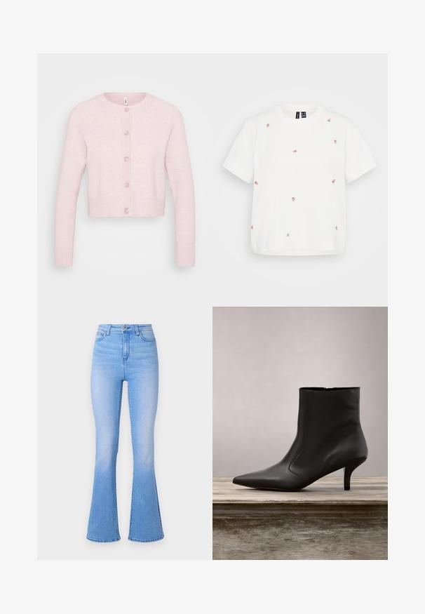 Lyserød cardigan lavet af blødt stof, med rund halsudskæring, lange raglanærmer, ribbede manchetter og bundkant, samt fem knapper.; Hvid bomulds t-shirt med korte ærmer, der har flere broderede små jordbær i pink og grøn. Løs pasform, rund halsudskæring.; Lyseblå flared jeans med høj talje, lavet af denim. Har en glat tekstur og en subtil falmende effekt mod kanten. Klassisk fem-lomme design.; Sort læder ankelstøvle med spids tå og en mellemhøj kitten heel, der svæver over en træoverflade mod en baggrund af grønne planter.