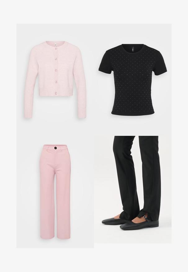 Lyserød cardigan lavet af blødt stof, med rund halsudskæring, lange raglanærmer, ribbede manchetter og bundkant, samt fem knapper.; Sort kortærmet T-shirt lavet af ribbet stof med spredte rhinsten accenter på forsiden for ekstra detaljer.; Lys rosa bred benbukser med en glat tekstur, der har en sort knap og et klassisk talje design. Ingen ekstra lommer synlige.; Ben iført sorte smalle bukser med forreste slidser ved kanten, parret med sorte flade Mary Jane-sko med lille spænde.