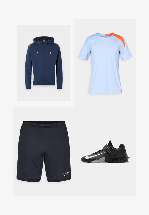 Navy blauwe Nike-jas met volle rits en capuchon, lichtgroen logo en accenten, en trekkoorden op de capuchon tegen een effen achtergrond.; Lichtblauw sportshirt met korte mouwen en een contrasterende oranje accent op de schouder. Gemaakt van ademend materiaal met een ronde hals.; Zwarte sport shorts van een gladde, lichte stof, met een elastische tailleband en een wit Nike-logo bij de zoom.; Zwarte sportchoenen met een slank ontwerp, voorzien van een opvallend wit Nike-logo, textuur overlays en een onderscheidende gemodelleerde zool.