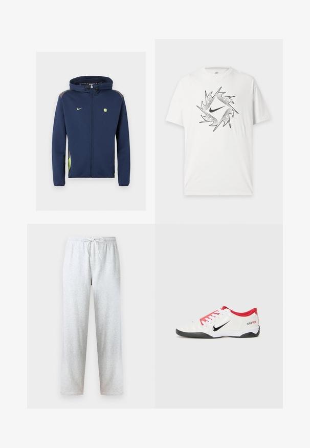 Marineblaue Nike Jacke mit durchgehendem Reißverschluss und Kapuze, hellgrünem Logo und Akzenten sowie Kordeln an der Kapuze vor einfarbigem Hintergrund.; Weißes kurzärmeliges Nike T-Shirt mit schwarzem abstraktem kreisförmigem Design und zentralem Nike-Swoosh-Logo auf der Vorderseite.; Graue Jogginghose aus weichem Stoff, mit elastischem Bund und Kordelzug sowie geraden Beinen. Keine Muster oder Verzierungen sichtbar.; Weißer Sportschuh mit roten Akzenten, schwarzem Swoosh-Logo und strukturiertem Design. Mit weißen Schnürsenkeln und schwarzem Außensohle. Text lautet "total90."