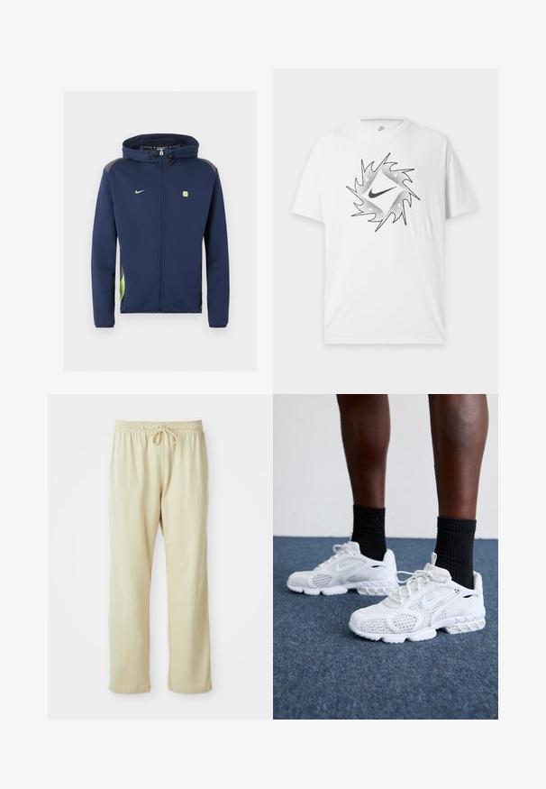Navy blauwe Nike-jas met volle rits en capuchon, lichtgroen logo en accenten, en trekkoorden op de capuchon tegen een effen achtergrond.; Wit Nike T-shirt met korte mouwen met een zwart abstract cirkelontwerp en centraal Nike swoosh-logo aan de voorkant.; Lichtbeige sweatpants met een trekkoord in de taille, taps toelopende pijpen en een zachte textuur. Heeft een subtiel merkje op het onderbeen.; Witte sportieve schoenen met een bovenkant van mesh, gemêleerde accenten en een gevoerde zool. Samengesteld met zwarte geribde enkelsokken op een blauwe tapijtvloer.