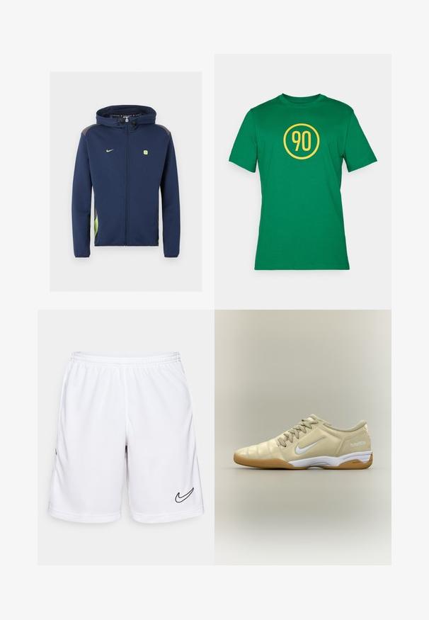 Veste Nike bleu marine zippée intégrale avec capuche, logo vert clair et accents, et cordons sur la capuche sur fond uni.; T-shirt en coton vert avec un logo rond jaune comportant le chiffre "90" au centre. Col rond classique et manches courtes.; Shorts de sport blancs en tissu anti-humidité, dotés d'une taille élastique et d'un logo Nike noir sur le côté gauche.; Chaussure de football en salle beige avec un swoosh Nike blanc, semelle en gomme, lacets et texte "total90 III" au talon, vue de côté.