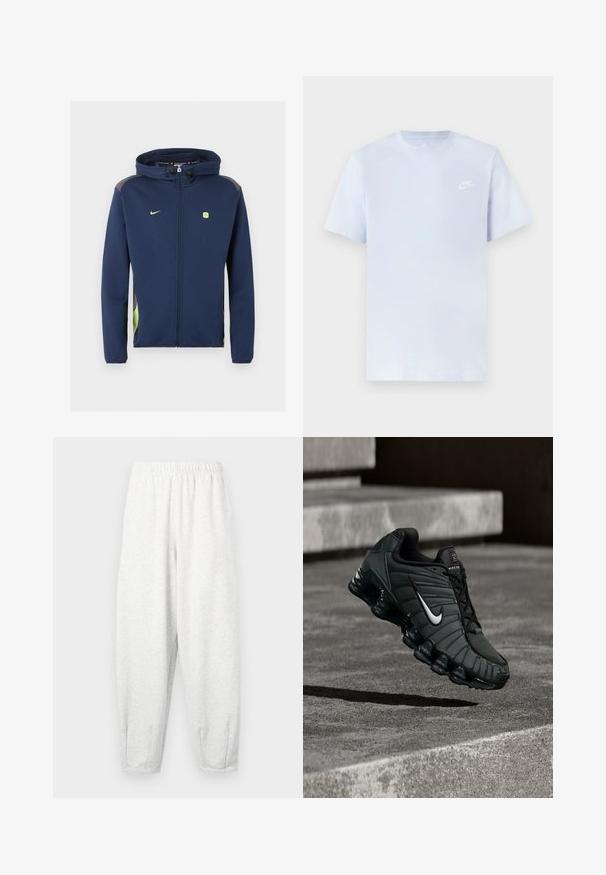 Marineblaue Nike Jacke mit durchgehendem Reißverschluss und Kapuze, hellgrünem Logo und Akzenten sowie Kordeln an der Kapuze vor einfarbigem Hintergrund.; Hellblaue Baumwoll-T-Shirt mit kurzen Ärmeln, Rundhalsausschnitt und einem weißen Nike-Logo, das auf der linken Brust gedruckt ist. Glatte Textur, schlichtes Design.; Hellgraue Sweatpants aus weichem Stoff, mit einem elastischen Bund, schmal zulaufenden Beinen und Fußbündchen. Einfaches Design ohne Muster.; Nike Sportschuh in Dunkelgrün, mit einer glatten synthetischen Oberseite, Mesh-Struktur, schwarzen Schnürsenkeln und einer glänzenden Sohle mit Luftpolsterung.