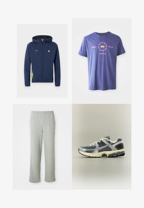 Navy blauwe Nike-jas met volle rits en capuchon, lichtgroen logo en accenten, en trekkoorden op de capuchon tegen een effen achtergrond.; Paarse katoenen T-shirt met korte mouwen met een gewaagd grafisch ontwerp. Bevat "Nike" in het geel binnen een roze draaikolk en tekstaccenten.; Grijze sweatpants van een zachte katoenmix, met een elastische tailleband, recht model en een klein logo aan de linkerkant.; Grijze en zwarte Nike hardloopschoen met witte veters en een beige zool, vanaf de zijkant op een neutrale achtergrond.