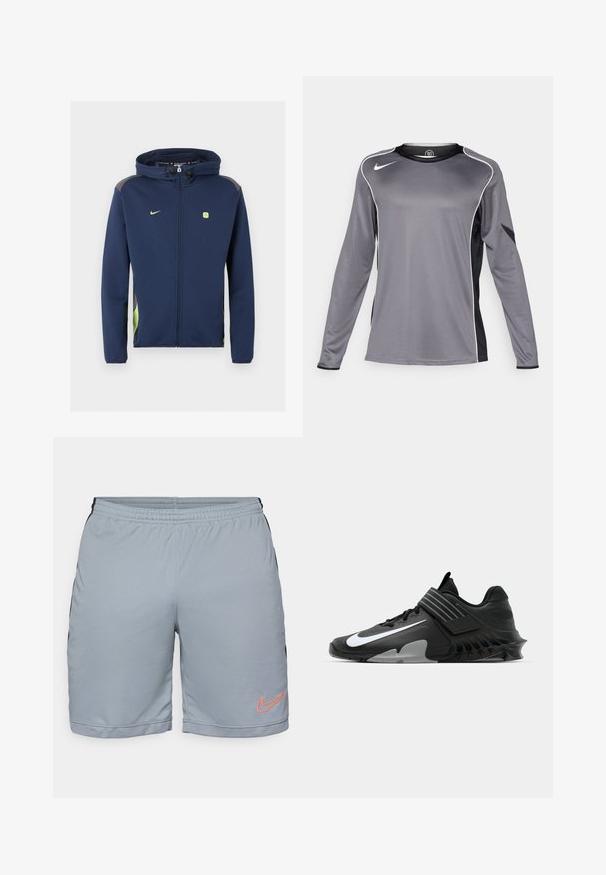 Veste Nike bleu marine zippée intégrale avec capuche, logo vert clair et accents, et cordons sur la capuche sur fond uni.; T-shirt de sport à manches longues en gris avec des accents noirs. Fabriqué en tissu lisse et léger. Présente un passepoil blanc le long des épaules.; Shorts de sport gris clair avec des panneaux latéraux noirs, une taille élastique et un ourlet en maille texturée. Présente un logo Nike orange sur la jambe gauche.; Baskets de sport noires au design épuré, avec un logo Nike blanc bien en vue, des surcouches texturées et une semelle moulée distincte.