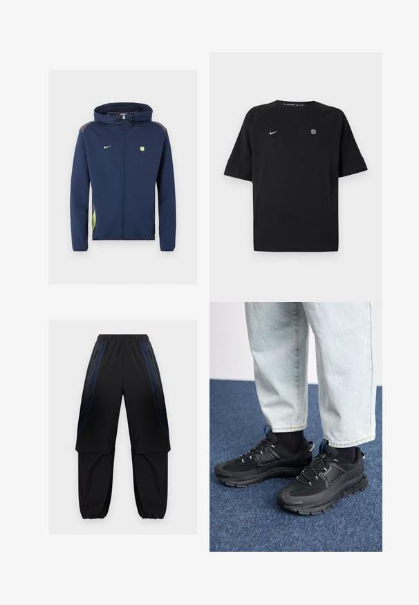 Marineblå Nike jakke med lynlås hele vejen og hætte, lysegrønt logo og detaljer samt snore i hætten mod ensfarvet baggrund.; Sort Nike sportstrøje med korte ærmer med hvid swoosh-logo på venstre bryst og lille firkantet emblem på højre bryst, ensfarvet baggrund.; Sorte og mørkeblå cargobukser med elastisk linning og manchetter, de har lynlåslommer på siden og lagdelte stofpaneler på lårene.; Sorte træningssko med tekstureret stof og gummisåler, udstyret med elastiske snørebånd og en blå detalje på hælen. Bæres med lyse denimbukser.