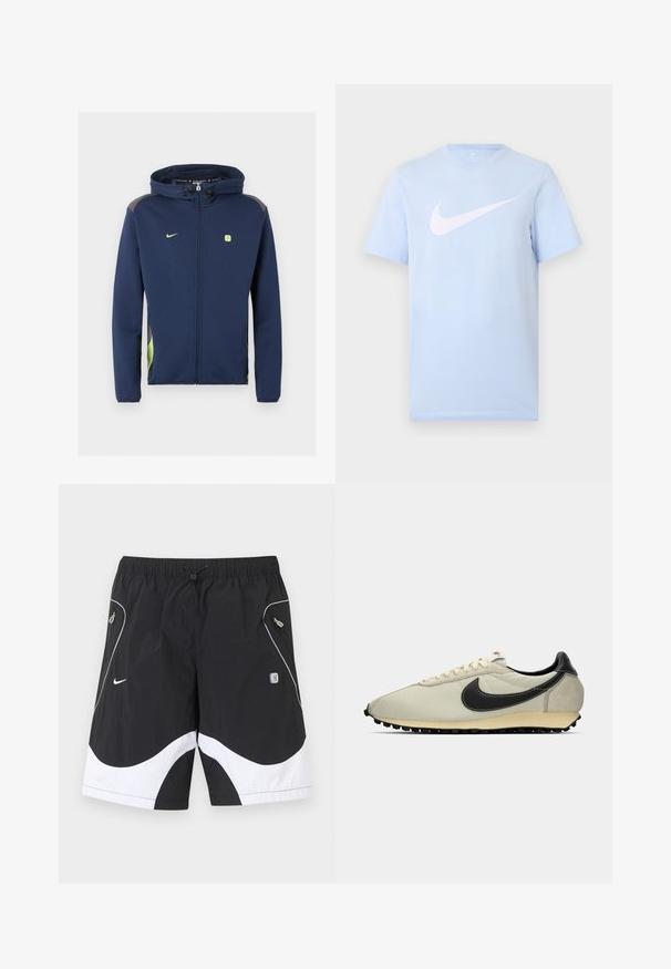 Veste Nike bleu marine zippée intégrale avec capuche, logo vert clair et accents, et cordons sur la capuche sur fond uni.; T-shirt bleu clair à manches courtes avec un grand logo Nike swoosh blanc centré sur le devant, sur un fond uni.; Shorts de sport Nike noir et blanc avec taille élastique, cordon de serrage, poches latérales zippées et garniture réfléchissante sur les panneaux avant.; Baskets en toile beige avec des accents en cuir noir, bout arrondi, semelle noire plate et lacets blancs. Présente un logo noir proéminent.