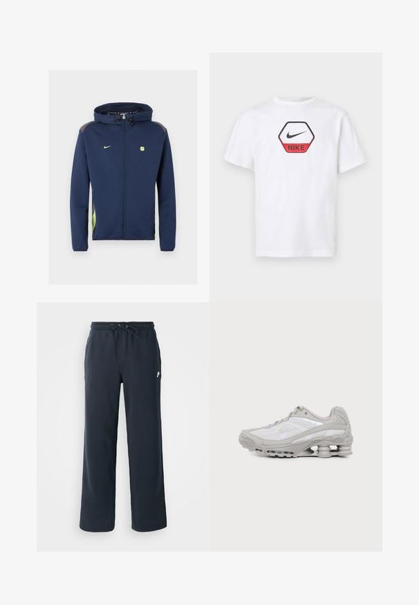 Tmavomodrá bunda Nike na zips s kapucňou, svetlozelené logo a detaily, a sťahovacie šnúrky na kapucni na jednofarebnom pozadí.; Biele tričko s krátkym rukávom značky Nike s červeno-čiernym šesťuholníkovým logom s emblémom Nike a názvom značky na prsiach.; Tmavomodré tepláky s elastickým pásom a šnúrkou. Vyrobené z mäkkej látky, s malým bielym logom na ľavom boku.; Šedá a biela športová teniska s viditeľnou podrážkou s vzduchovou vložkou a sieťovinovými panelmi, zobrazená v profile na jednoduchom svetlom pozadí.