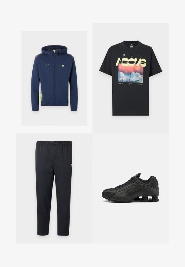 Chaqueta Nike azul marino con cremallera completa y capucha, con logo y detalles en verde claro y cordones en la capucha sobre fondo liso.; Camiseta negra de algodón con un gráfico que muestra nubes, un cielo rosa y azul, y un texto amarillo llamativo que dice "FLY ABOVE" y "THERE IS NO LIMIT."; Pantalones deportivos negros con cintura elástica y cierre de botón, con un pequeño logo blanco de Nike en la parte superior del muslo izquierdo.; Zapatillas de running negras con un upper sintético liso, detalles perforados, paneles laterales texturizados y una suela distintiva y elástica.