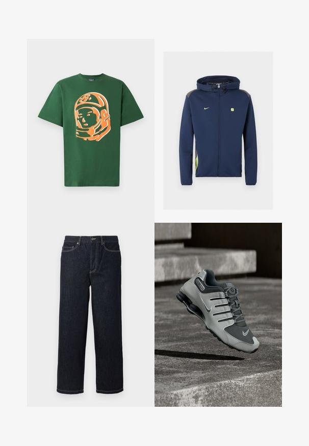 Tumesinine täislukuga Nike jope kapuutsiga, helerohelise logoga ja detailidega ning kapuutsil paelad ühevärvilise tausta ees.; Roheline puuvillane T-särk, mille esiküljel on suur oranž astronaudi graafika, lühikeste varrukatega ja vabalt istuv mudel.; Tumed sinised otsejalad denimhüppes viie tasku ja valge kontrastõmblusega, nupuga kinnitamine ja vöökohad.; Halli ja musta Nike Shoxi spordijalats, mis hõljub tekstuurse betoonpinna kohal, all varjud.