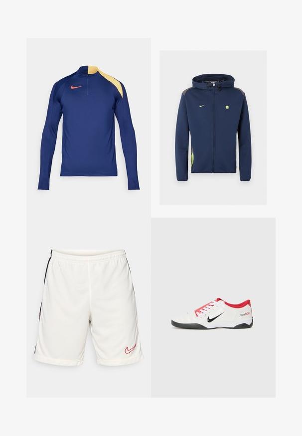 Chaqueta Nike azul marino con cremallera completa y capucha, con logo y detalles en verde claro y cordones en la capucha sobre fondo liso.; Camiseta deportiva de manga larga en azul marino con un acento amarillo en el hombro, cuello con media cremallera y el logotipo de Nike en rojo en el pecho.; Shorts atléticos blancos hechos de un tejido suave con una franja lateral negra y un logo de Nike rojo en el dobladillo inferior izquierdo. Cintura elástica incluida.; Zapatilla deportiva blanca con acentos rojos, logotipo Swoosh negro y diseño texturizado. Cuenta con cordones blancos y una suela negra. El texto dice "total90".