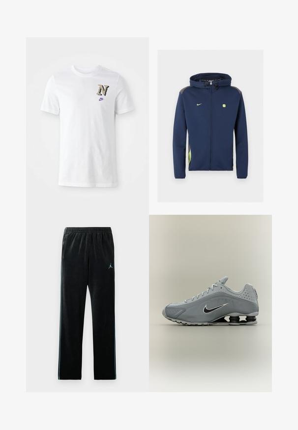 Marineblå Nike jakke med lynlås hele vejen og hætte, lysegrønt logo og detaljer samt snore i hætten mod ensfarvet baggrund.; Hvid bomulds t-shirt med et camouflagestruktur mønsteret "N" logo og et lille lilla Nike swoosh på brystet. Klassisk crew neck design.; Sorte velourbukser med en afslappet pasform, elastisk talje og lyseblå sidelæg. Har et lille blåt logo på den øverste venstre ben.; Grå Nike sportssko med sort og hvid Swoosh-logo, snørelukning og unik fjederlignende støddæmpning i hælområdet på sålen.