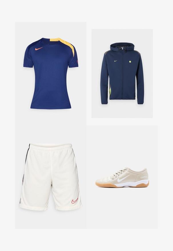 Tmavomodrá bunda Nike na zips s kapucňou, svetlozelené logo a detaily, a sťahovacie šnúrky na kapucni na jednofarebnom pozadí.; Námornícky modré športové tričko s krátkym rukávom, so žltým ramenným panelom a červeným symbolom Nike na hrudi a rukáve.; Biele športové šortky vyrobené z hladkej tkaniny s čiernym bočným pruhom a červeným logom Nike na dolnom ľavom leme. Obsahujú elastický pás.; Béžová vnútorná futbalová obuv Nike Total 90 III s bielym logom, bielou strednou podrážkou, gumovou podrážkou a béžovými šnúrkami zobrazená v bočnom profile.