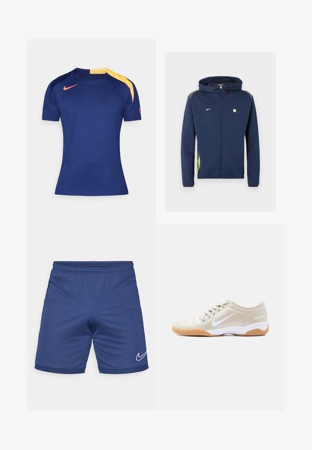 Marineblå Nike jakke med lynlås hele vejen og hætte, lysegrønt logo og detaljer samt snore i hætten mod ensfarvet baggrund.; Mørkeblå sports T-shirt med korte ærmer, gult skulderpanel og rødt Nike-swoosh på brystet og ærmet.; Blå atletiske shorts lavet af letvægtsmateriale. Har en elastisk talje og et hvidt Nike swoosh-logo på den nedre side.; Beige Nike Total 90 III indendørs fodboldsko med hvid swoosh, hvid mellemsål, ydersål i gummigummi og beige snørebånd vist i sideprofil.