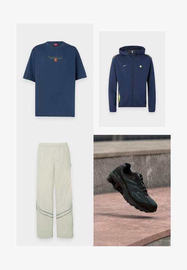 Veste Nike bleu marine zippée intégrale avec capuche, logo vert clair et accents, et cordons sur la capuche sur fond uni.; T-shirt bleu marine à manches courtes avec un petit texte imprimé et un graphique rouge et jaune centré sur la poitrine.; Pantalon ample vert clair avec une taille élastique, présentant des lignes diagonales vert foncé et un design simple. Tissu lisse et léger.; Baskets athlétiques noires avec une semelle intercalaire à coussin d’air visible flottant au-dessus d’une surface en pierre rose avec un mur en pierre gris en arrière-plan.