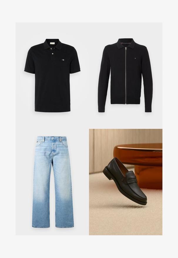 Sweater zippé en tricot noir avec un col et des poignets côtelés, présentant un petit logo sur la poitrine. Tissu texturé et coupe ajustée.; Polo noir en coton, doté d'un col classique, d'une patte de boutonnage à deux boutons, de manches courtes et d'un petit logo brodé sur la poitrine.; Jean en denim bleu clair avec une taille haute, des jambes larges et droites, des poches avant, et une fermeture par bouton et zip.; Mocassin homme en cuir noir avec une bande sur le dessus, présenté sur un tapis beige près d'une table ronde moderne marron.