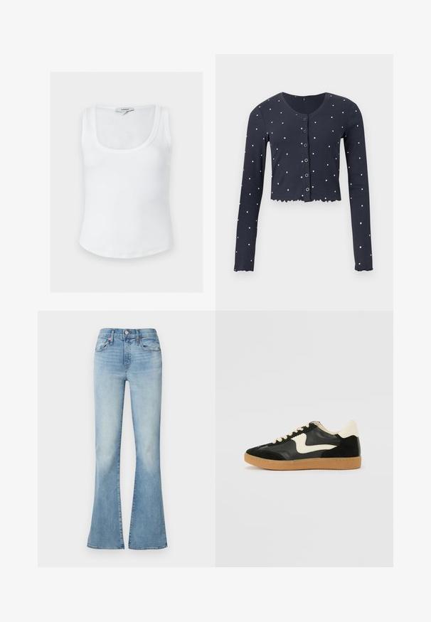 Cardigan court bleu marine à pois blancs, manches longues, fermeture boutonnée, encolure ronde et bords froncés sur l’ourlet et les poignets.; Débardeur blanc côtelé sans manches avec encolure dégagée et étiquette Topshop à l'arrière du col intérieur, présenté sur un fond uni.; Jean flare en denim bleu clair avec fermeture devant par bouton et zip, poches avant et arrière, et légère décoloration subtile sur les cuisses.; Baskets en daim et cuir noir avec un swoosh latéral crème et un talon crème clair. Dotées de lacets beige et d'une semelle en caoutchouc gomme.