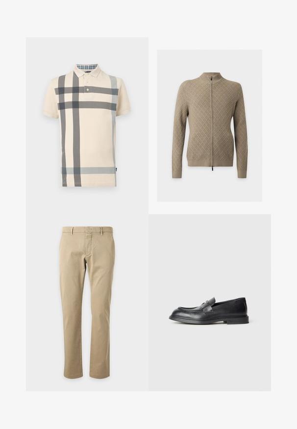 Pull beige zippé avec motif tricot texturé en forme de losange, manches longues et col montant, présenté sur un fond uni.; Polo à manches courtes beige avec un grand motif à carreaux noir et gris et un col à boutons, présenté sur un fond uni.; Pantalon décontracté beige à jambes droites avec passants pour ceinture, fermeture éclair à l’avant et fermeture par bouton, présenté sur un fond gris clair.; Mocassins en cuir noir avec une finition texturée, dotés d'une bride décorative à l'avant et d'un bout arrondi. Semelle en caoutchouc pour plus de durabilité.