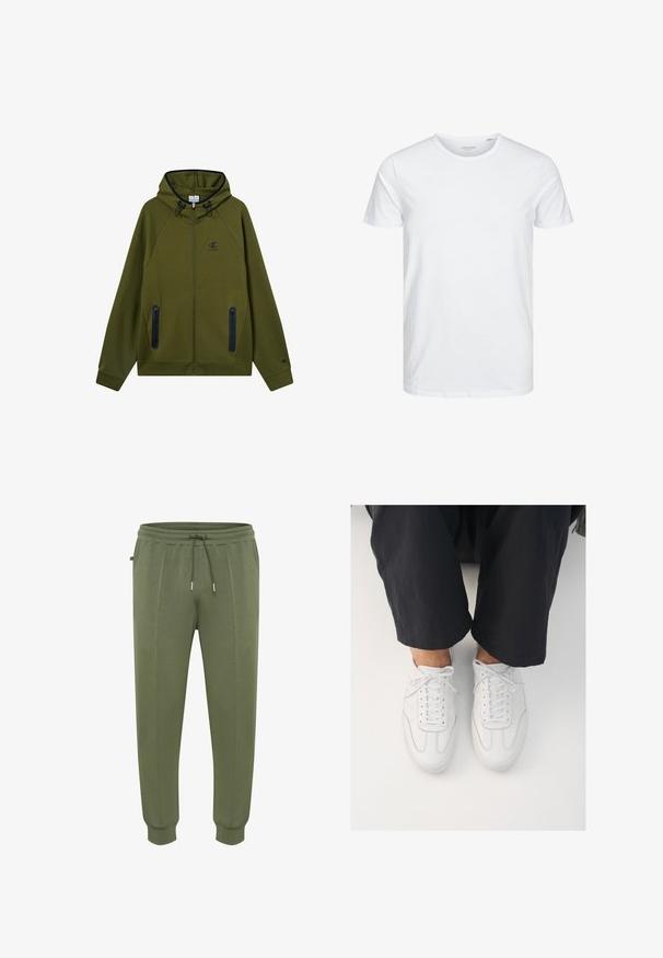 Olijfgroen ritsjack met een trekkoord capuchon, zwarte accenten, twee ritszakken en een klein logo op de linkerborst.; Ronde hals kortemouwen t-shirt in effen wit, gemaakt van zachte katoen, heeft een eenvoudig ontwerp zonder zichtbare patronen of accenten.; Joggingbroeken in olijfgroen gemaakt van zachte stof, voorzien van een taille met trekkoord, zijzakken en geribbelde boorden voor een goede pasvorm.; Witte leren sneakers met een gladde textuur, ronde neus en klassiek vetersysteem, gepositioneerd boven donkere, losse broeken.
